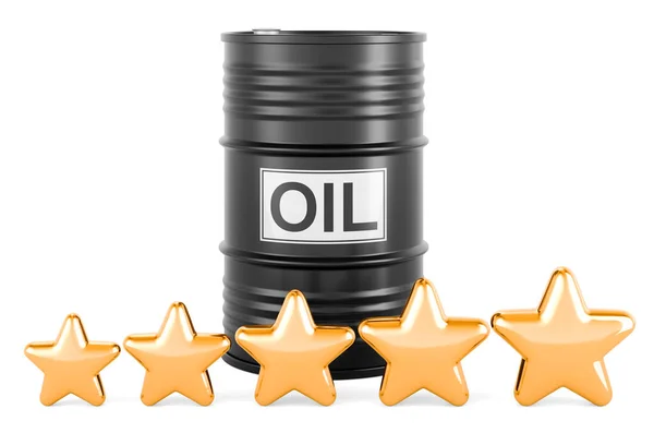 Рейтинг Покупателей Нефти Нефтяная Бочка Пятью Золотыми Звездами Рендеринг Изолирован — стоковое фото