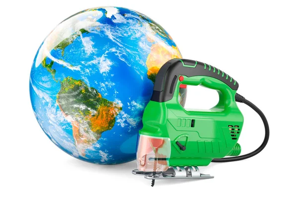 Power Jigsaw Con Earth Globe Rendering Isolato Sfondo Bianco — Foto Stock