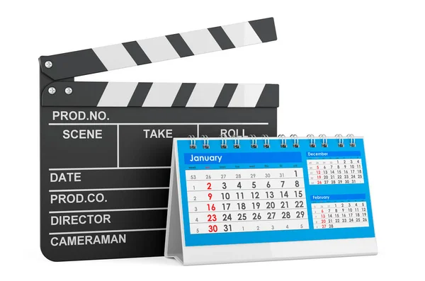 Clapperboard Med Skrivbordskalender Film Släpper Kalender Koncept Rendering Isolerad Vit — Stockfoto
