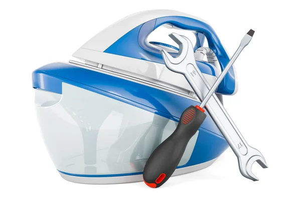 Steam generator iron with screwdriver and wrench, 3D rendering isolated on white background