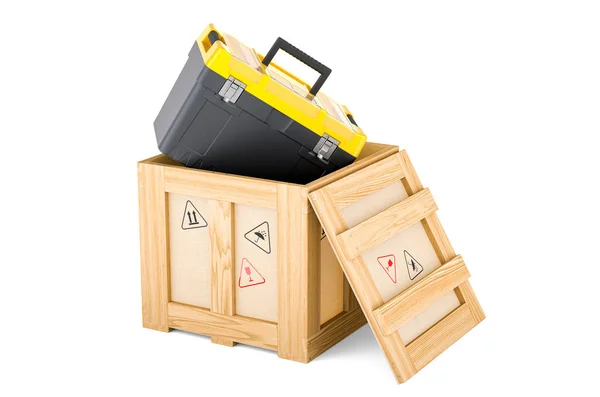Plastic Toolbox Wooden Box Delivery Concept Rendering Isolated White Background — Stock Photo, Image