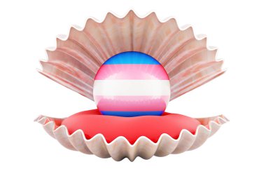 Deniz kabuğunun içinde transseksüel bayraklı inci, beyaz arka planda 3 boyutlu görüntüleme