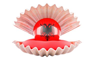Arnavutluk 'ta seyahat, konsept. Deniz kabuğunun içinde Arnavut bayraklı inci, beyaz arka planda 3D görüntüleme