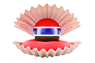 Gambiya 'da seyahat, konsept. Deniz kabuğunun içinde Gambiya bayrağı olan inci, beyaz sırt grubunda üç boyutlu izole edilmiş.