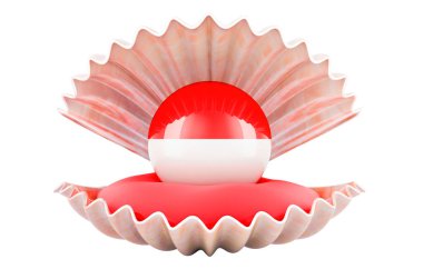 Endonezya 'da seyahat, Monako Prensliği, konsept. Endonezyalı inci, deniz kabuğunun içinde Monako bayrağı, beyaz arka planda 3 boyutlu izole edilmiş.