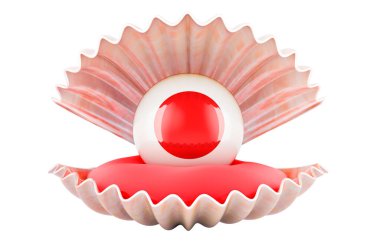 Japonya 'da seyahat, konsept. Deniz kabuğunun içinde Japon bayraklı inci, beyaz arka planda 3D görüntülenmiş.