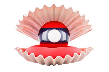 Laos 'ta seyahat, konsept. Deniz kabuğunun içinde Laos bayrağı olan İnci, beyaz arka grubunda üç boyutlu izole edilmiş.