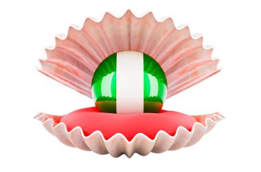 Nijerya 'da seyahat, konsept. Deniz kabuğunun içinde Nijerya bayraklı inci, beyaz arka planda 3D görüntülenmiş.