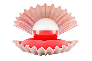 Polonya 'da seyahat, konsept. Deniz kabuğunun içinde Polonya bayraklı inci, 3D görüntüsü beyaz grupta izole edilmiş.