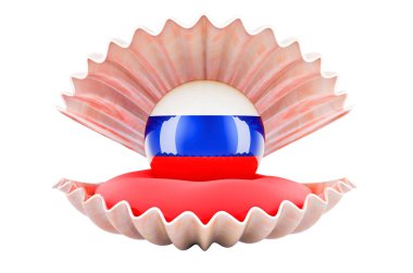 Rusya 'da seyahat, konsept. Deniz kabuğunun içinde Rus bayraklı inci, beyaz arka planda 3D görüntülenmiş.