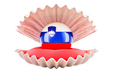 Slovenya 'da seyahat, konsept. Deniz kabuğu içinde Slovenya bayrağı olan İnci, beyaz arka planda 3D görüntüleme