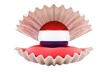 Hollanda 'da seyahat, konsept. Deniz kabuğunun içinde Hollanda bayrağı olan İnci, beyaz arka planda 3 boyutlu izole edilmiş.