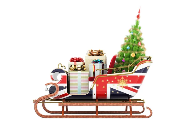 Britská Vlajka Namalovaná Saních Vánoční Santa Plná Dárků Vánočního Stromečku — Stock fotografie