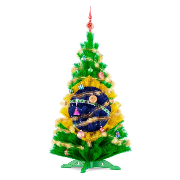 圣诞树上画着巴西国旗 3D渲染白色背景下的隔离 — 图库照片