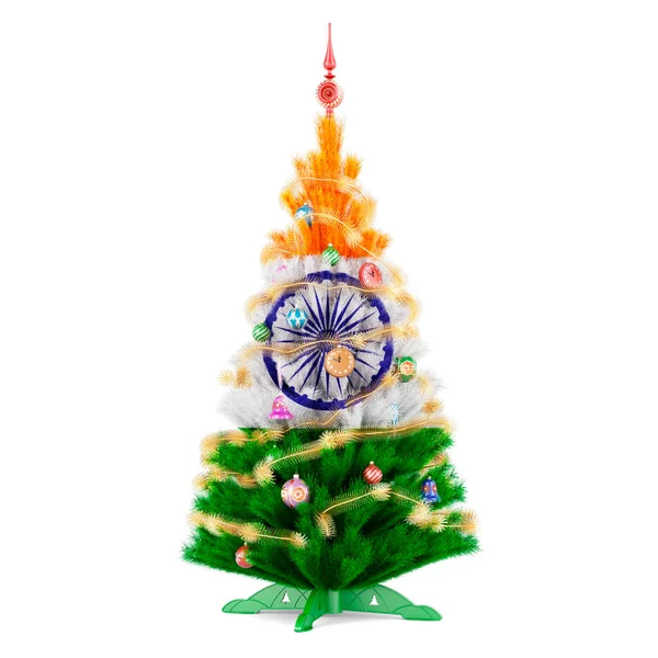 圣诞树上画着印度国旗 3D渲染白色背景下的隔离 — 图库照片