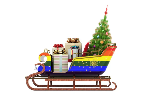Lgbtq Vlajka Namalovaná Saních Vánoční Santa Plná Dárků Vánočního Stromečku — Stock fotografie