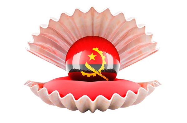 Utazás Angolában Koncepció Pearl Angolai Zászló Belsejében Kagyló Renderelés Elszigetelt — Stock Fotó