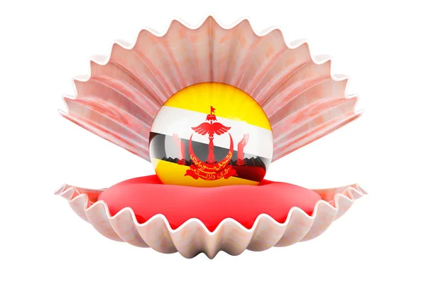Travel Brunei Concept Pearl Bruneian Flag Seashell Rendering Isolated White — Stock Photo, Image