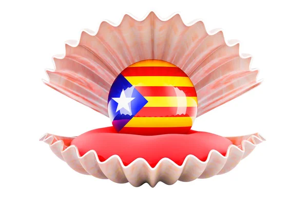 Podróż Katalonii Koncepcja Perła Katalońską Flagą Wewnątrz Muszli Renderowania Izolowane — Zdjęcie stockowe