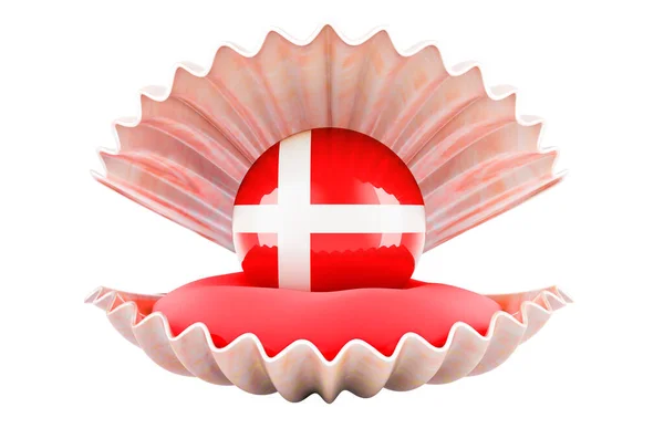 Cestování Dánsku Koncept Perla Dánskou Vlajkou Uvnitř Mušle Vykreslování Izolované — Stock fotografie