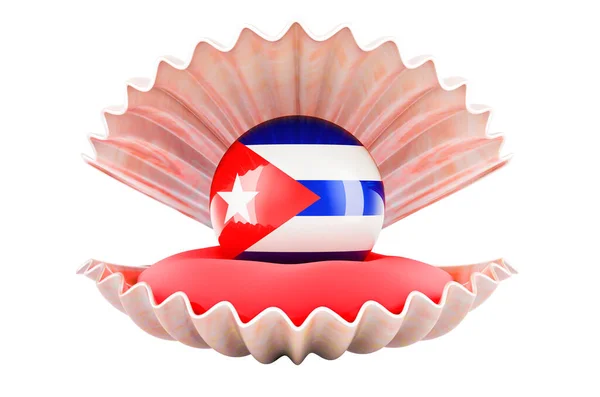 Utazás Kubában Koncepció Pearl Kubai Zászló Belsejében Kagyló Renderelés Elszigetelt — Stock Fotó
