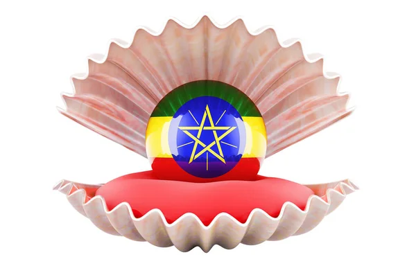 Cestování Etiopii Koncept Perla Etiopskou Vlajkou Uvnitř Mušle Vykreslování Izolované — Stock fotografie