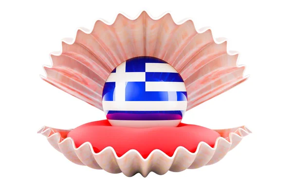 ギリシャでの旅行 コンセプト 貝殻の中にギリシャ語のフラグを持つパール 白い背景に隔離された3Dレンダリング — ストック写真
