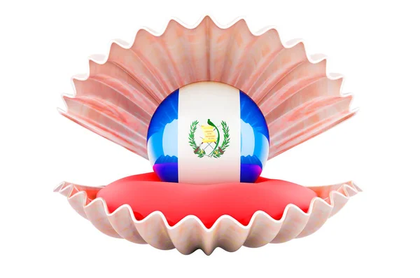 グアテマラでの旅行 コンセプト 貝殻の中にグアテマラの旗が描かれた真珠 白い背景に孤立した3Dレンダリング — ストック写真