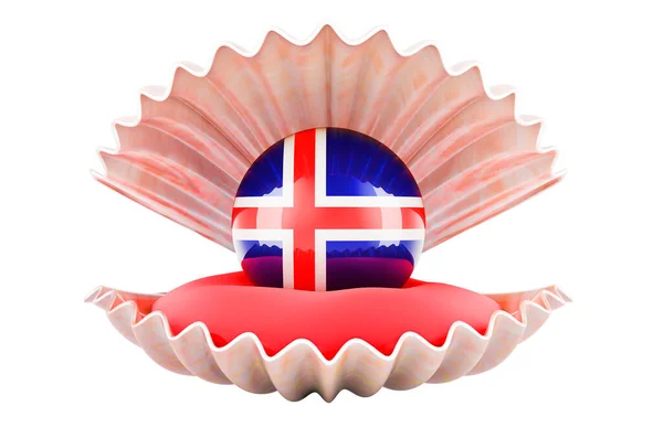 アイスランド旅行 コンセプト 貝殻の中にアイスランドの旗が描かれた真珠 白い背景に孤立した3Dレンダリング — ストック写真
