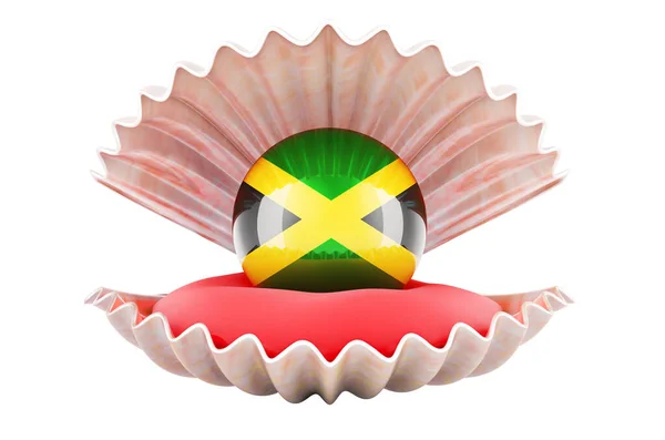 Utazás Jamaicába Koncepció Pearl Jamaikai Zászló Belsejében Kagyló Renderelés Elszigetelt — Stock Fotó
