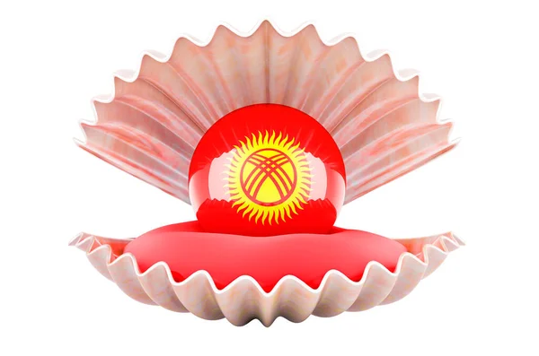 Cestování Kyrgyzstánu Koncept Perla Kyrgyzskou Vlajkou Uvnitř Mušle Vykreslování Izolované — Stock fotografie