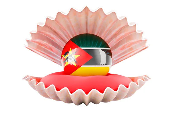 Cestování Mosambiku Koncept Perla Mosambickou Vlajkou Uvnitř Mušle Vykreslování Izolované — Stock fotografie