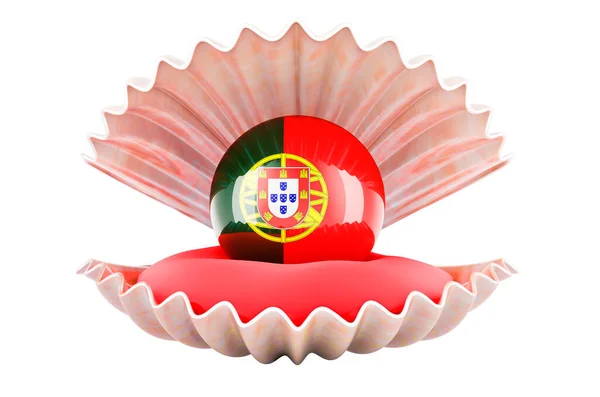Utazás Portugáliában Koncepció Pearl Portugál Zászló Belsejében Kagyló Renderelés Elszigetelt — Stock Fotó