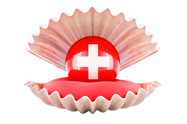 Resor Schweiz Koncept Pärla Med Schweiziska Flagga Inne Snäcka Rendering — Stockfoto