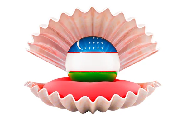 Cestování Uzbekistánu Koncept Perla Uzbeckou Vlajkou Uvnitř Mušle Vykreslování Izolované — Stock fotografie