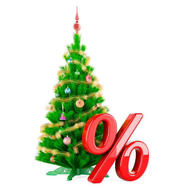 Концепция рождественских скидок и распродаж. Рождественская елка со знаком процента. 3D рендеринг изолирован на белом фоне
