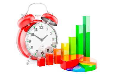 Büyüme çubuğu grafiği ve pasta grafiği ile alarm saati, beyaz arka grupta üç boyutlu görüntüleme izole edildi