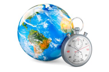 Kronometreyle Dünya Küresi, beyaz arkaplanda 3 boyutlu görüntüleme