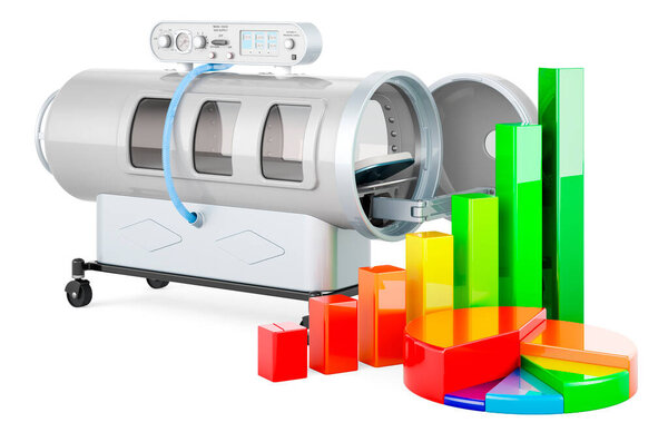 Дайвинг камера с графиком роста и круговой диаграммой, 3D рендеринг изолирован на белом фоне