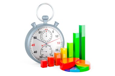 Renkli pasta grafiği ve kronometreyle çizilmiş bar grafiği. Zaman yönetimi kavramı, beyaz arkaplanda 3 boyutlu görüntüleme