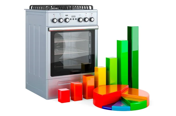 Gas range with growth bar graph and pie chart, 3D rendering isolated on white background