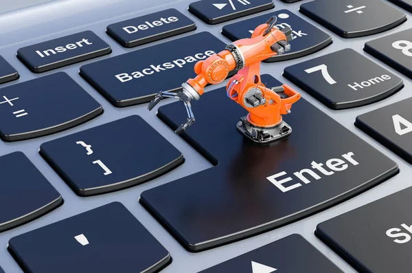 Robotic arm on laptop keyboard, 3D rendering