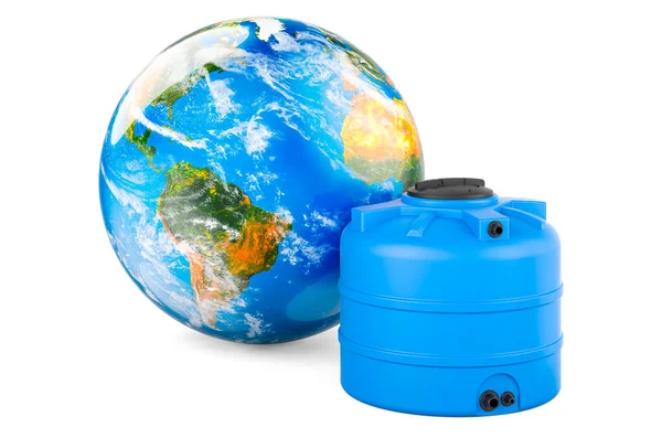 地球と水タンク 世界中の液体の輸送 白い背景に隔離された3Dレンダリング — ストック写真
