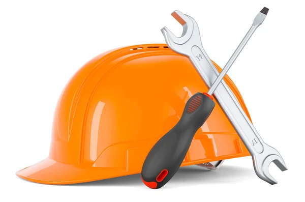 Construction Orange Hard Hat Screwdriver Wrench Rendering Isolated White Backgroun — Stock fotografie