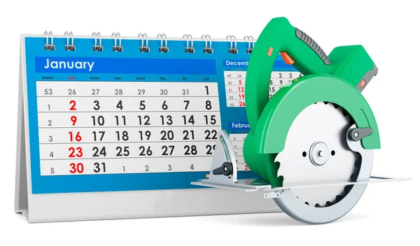Circular Saw Desk Calendar Rendering Isolated White Background — Zdjęcie stockowe