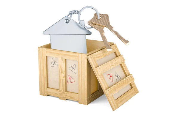 Home Key Keychain Wooden Box Delivery Concept Rendering Isolated White — 图库照片