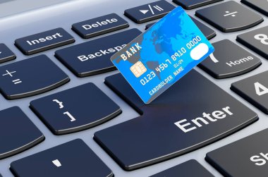 Credit Card on laptop keyboard, 3D rendering