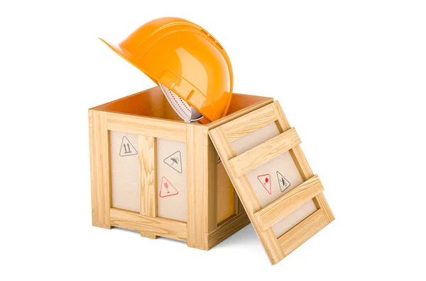 Construction Orange Hard Hat Wooden Box Delivery Concept Rendering Isolated — Stock fotografie