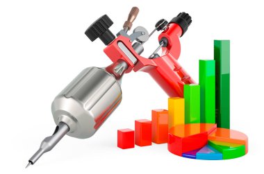 Tattoo machine with growth bar graph and pie chart. 3D rendering isolated on white background