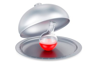 Restaurant cloche with chemical flask, 3D rendering isolated on white background